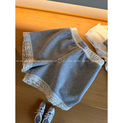 露思同款。A14蕾丝拼接短裤女阔腿热裤夏季松紧腰宽松三分裤卫裤
