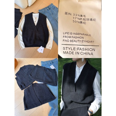 澳毛  J50羊毛大V领针织马甲女冬季新款外搭叠穿宽松坎肩毛衣背心
