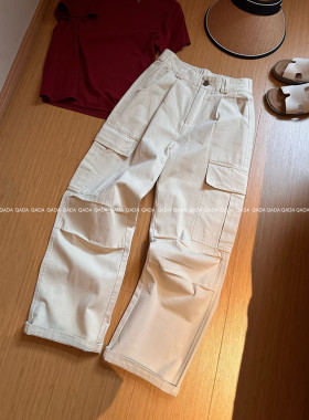 百棉J44松紧腰工装裤女夏季宽松显瘦阔腿裤多口袋米色休闲直筒裤