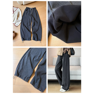 高腰宽松百搭弯刀裤 女冬季 H22加绒毛呢阔腿裤 气球拖地裤 厚绒