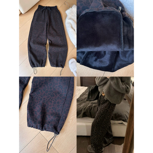 长裤 高腰加厚保暖束脚休闲裤 女冬季 Q7加绒豹纹阔腿卫裤