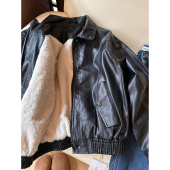 J40黑色加绒皮衣女2026早春宽松百搭廓形加厚保暖PU夹克外套