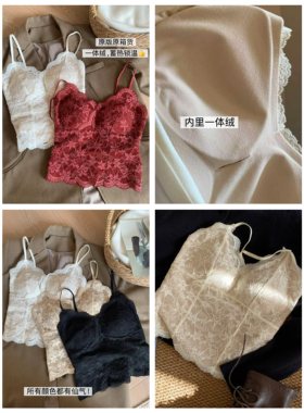 法式蕾丝内衣女 加绒磨毛发热美背 一体罩杯吊带背心