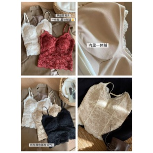 法式蕾丝内衣女 加绒磨毛发热美背 一体罩杯吊带背心