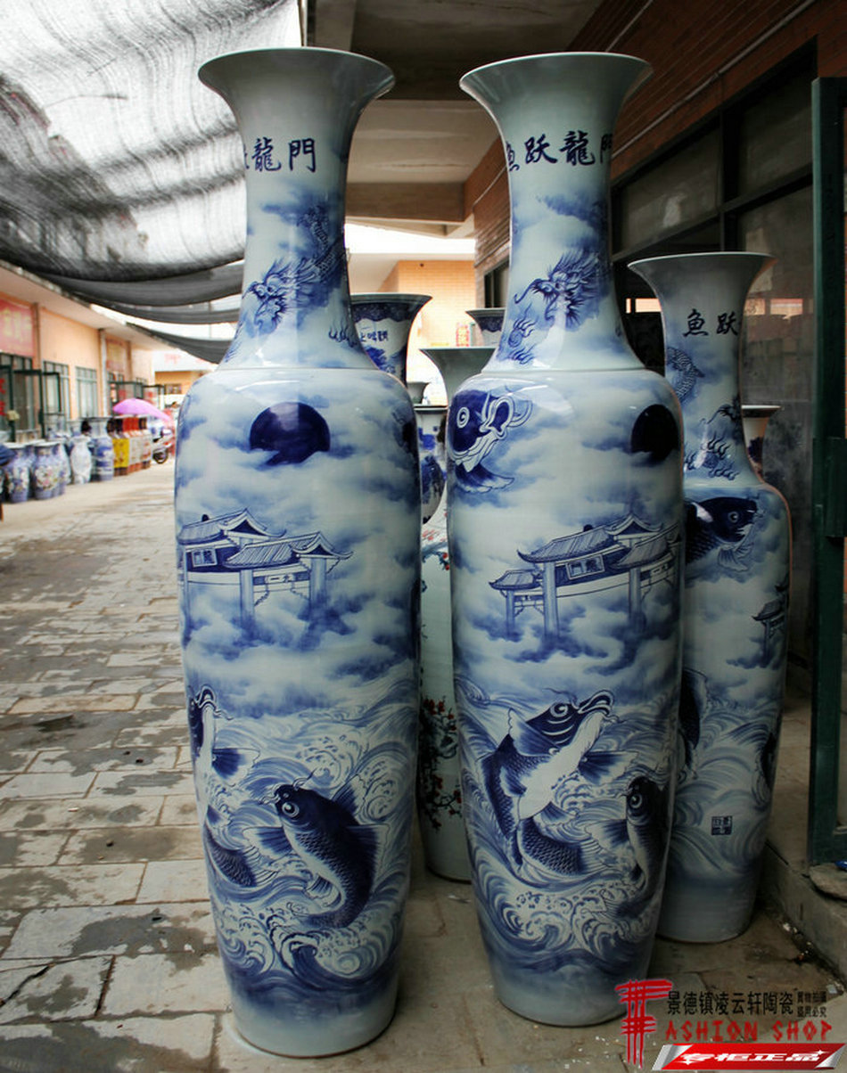 景德镇陶瓷手绘青花鱼跃龙门落地大花瓶2.2米祝贺庆典门厅摆件
