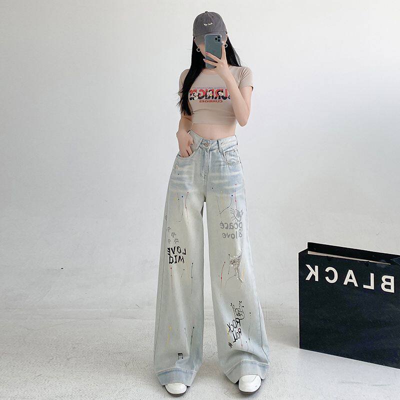 彩绘色破洞水洗休闲牛仔裤女春新款高腰宽松显瘦百搭直筒阔腿裤子