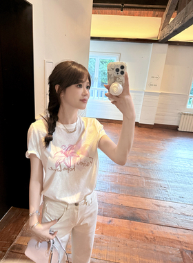 AHY 原创手绘爽滑人棉混纺双版本数码品质水印白色正肩T恤夏新品