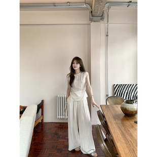 收腰双层宽肩小衫 新款 褶皱阔腿裤 女2025夏季 两件套 亚麻套装 AHY