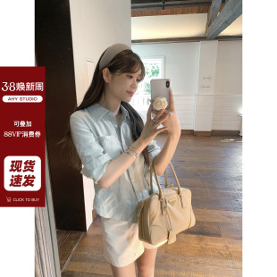 女 白衬衫 现货AHY朝雾蓝100亚麻通勤简约经典 正肩收腰可系带五分袖