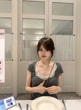 现货AHY 羊毛混纺蕾丝拼接卷边下摆合身气质短袖T恤2025夏女新品