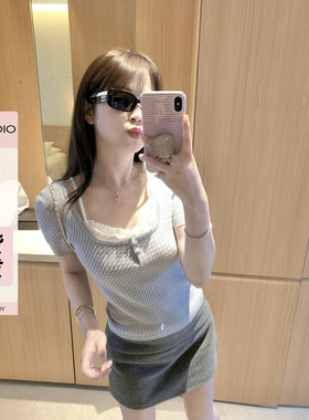 现货AHY 细麻花坑条短袖假两件蕾丝拼接T恤女2025新款打底衫上衣