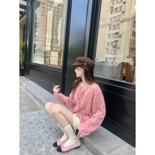 新款 AHY 女2024秋季 针织衫 宽松绑带糖果色圆领羊毛毛衣 马海毛长袖