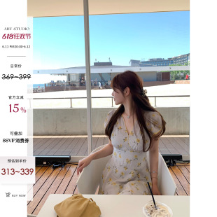 【AHY】黄花叙 茶歇素雅100人丝简约v领长短款碎花连衣裙新品