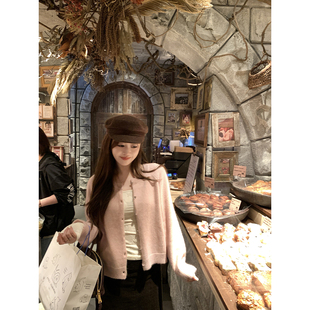 慵懒风修身 AHY 毛衣外套 韩版 2024新款 纯色银扣兔毛针织开衫 女冬季