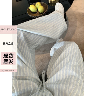 现货AHY 竖条纹阔腿休闲裤女夏季2025新款宽松气质直筒裤子