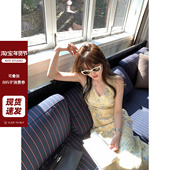 现货AHY 莫奈花园莱赛尔人丝麻混纺长短款 v领碎花显瘦连衣裙