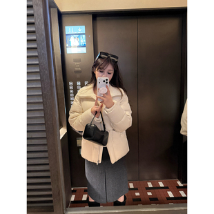 简约羊毛呢料针织拼接加厚保暖90白鸭羽绒服新品 南韩博主 AHY