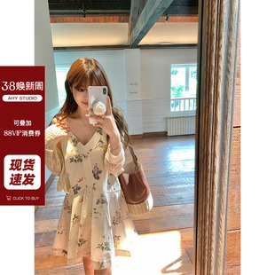 印花宽松吊带裙连衣裙新品 现货AHY 100棉双色气质V领数码