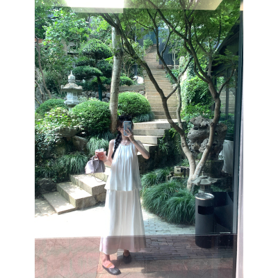 亚麻无袖挂脖内衬半裙套装