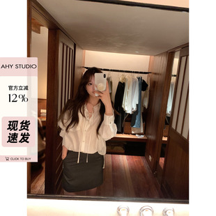 现货AHY 仙仙海贝轻薄天丝飘逸系带温莎领防晒宽松廓形衬衫新品
