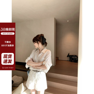 现货AHY 莱赛尔亚麻混纺清冷淡人气质姐感条纹棉麻松紧腰休闲衬衫