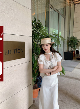 现货AHY 品质首选莱赛尔亚麻白色老钱套装短袖上衣+半裙新品