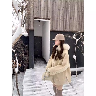 立减 25秋冬折扣 双面呢大衣气质显瘦绵羊毛连帽毛领外套 AHY