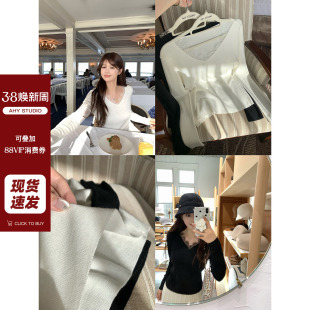 新品 现货 打底衫 6羊毛简约基础V领蕾丝拼接针织长袖 AHY