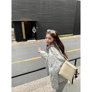 AHY 宽松小个子气质保暖外套 两面穿小翻领菱格棉服女2024秋冬新款