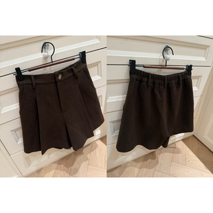 【AHY】友好靴裤~显腿长A字高腰毛感呢料压皱休闲毛呢短裤冬新品