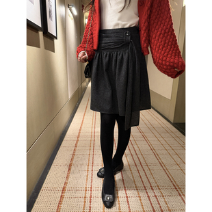 【AHY】时髦搭配设计感高腰飘带羊毛混纺灰色半身裙伞裙冬新品