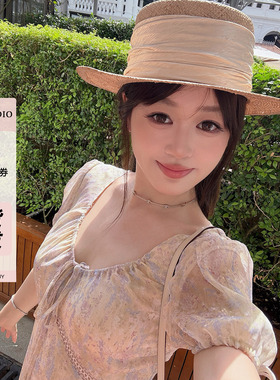 现货AHY 秋叶海棠水墨印花收腰V领泡泡袖宽松碎花连衣裙新品
