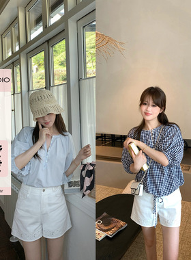 现货AHY 莱赛尔亚麻时髦中袖简约通勤百搭夏季格子纯色衬衫女新品