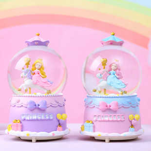 梦幻公主木马水晶球音乐盒粉色卡通八音盒创意摆件女儿童生日礼物