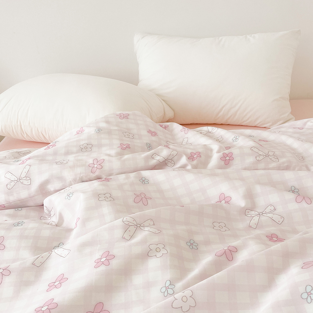 春日甜心 少女粉花花蝴蝶结全棉被套被芯罩单件纯棉 原创可爱格子