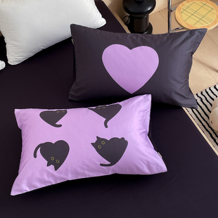 爱与黑猫 原创现代简约60支全棉枕套黑紫系枕芯罩卡通小猫48cmX74