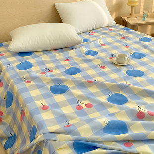 苹果幻想 小众设计感全棉床单床笠黄蓝撞色格子亲肤100纯棉四季款