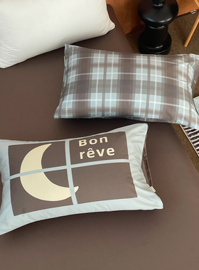 蓝色晚安 插画师原创60支全棉长绒棉枕套格子枕芯罩韩系复古蓝咖