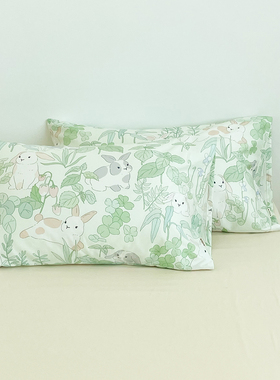 兔兔与森林 原创森林风可爱卡通100全棉枕套单件小清新绿色枕芯罩