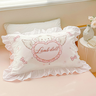 天使小羊 洛丽塔风原创少女粉全棉花边枕套纯棉枕芯罩单只装