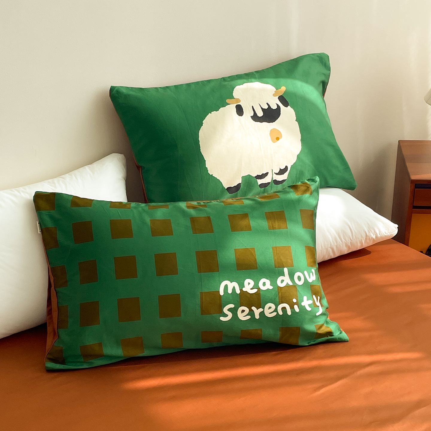 小羊波特 插画师原创60支全棉长绒棉枕套枕芯罩中古绿格纹单只装