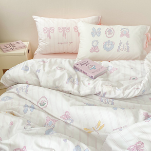 维克多瓦 原创甜美蝴蝶床单被套100全棉四件套粉色少女系宿舍三件