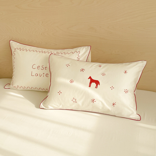 小马的新意 新年主题原创60支全棉枕套马年款枕芯罩简约单只48X74