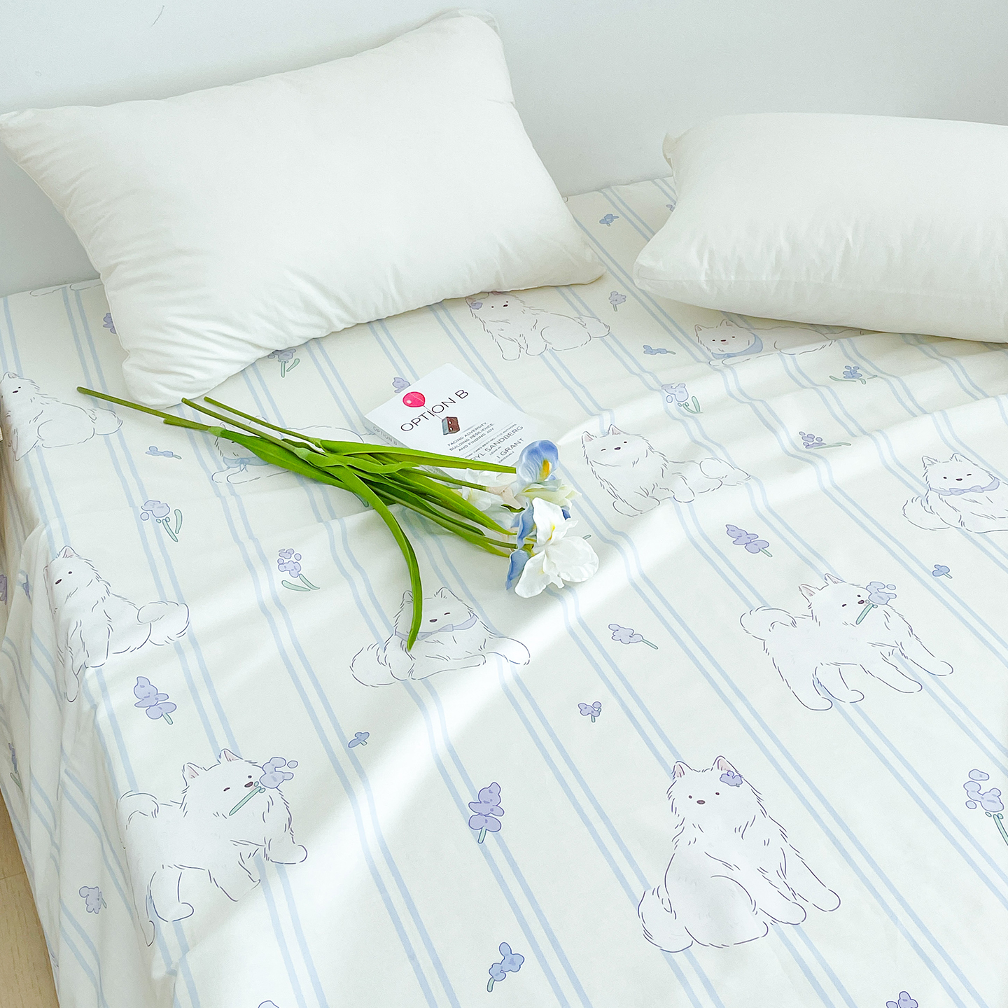 耶耶告白信 简约系温柔蓝条纹全棉床单床笠100纯棉漫画小狗1.6m床