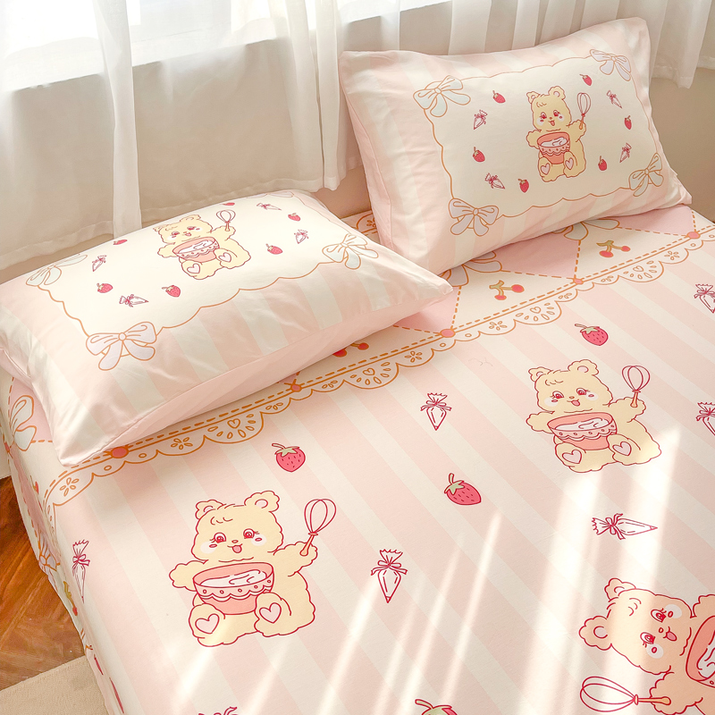 贝莉的甜品店 插画师原创小熊JK粉色全棉床单床笠枕套单件纯棉