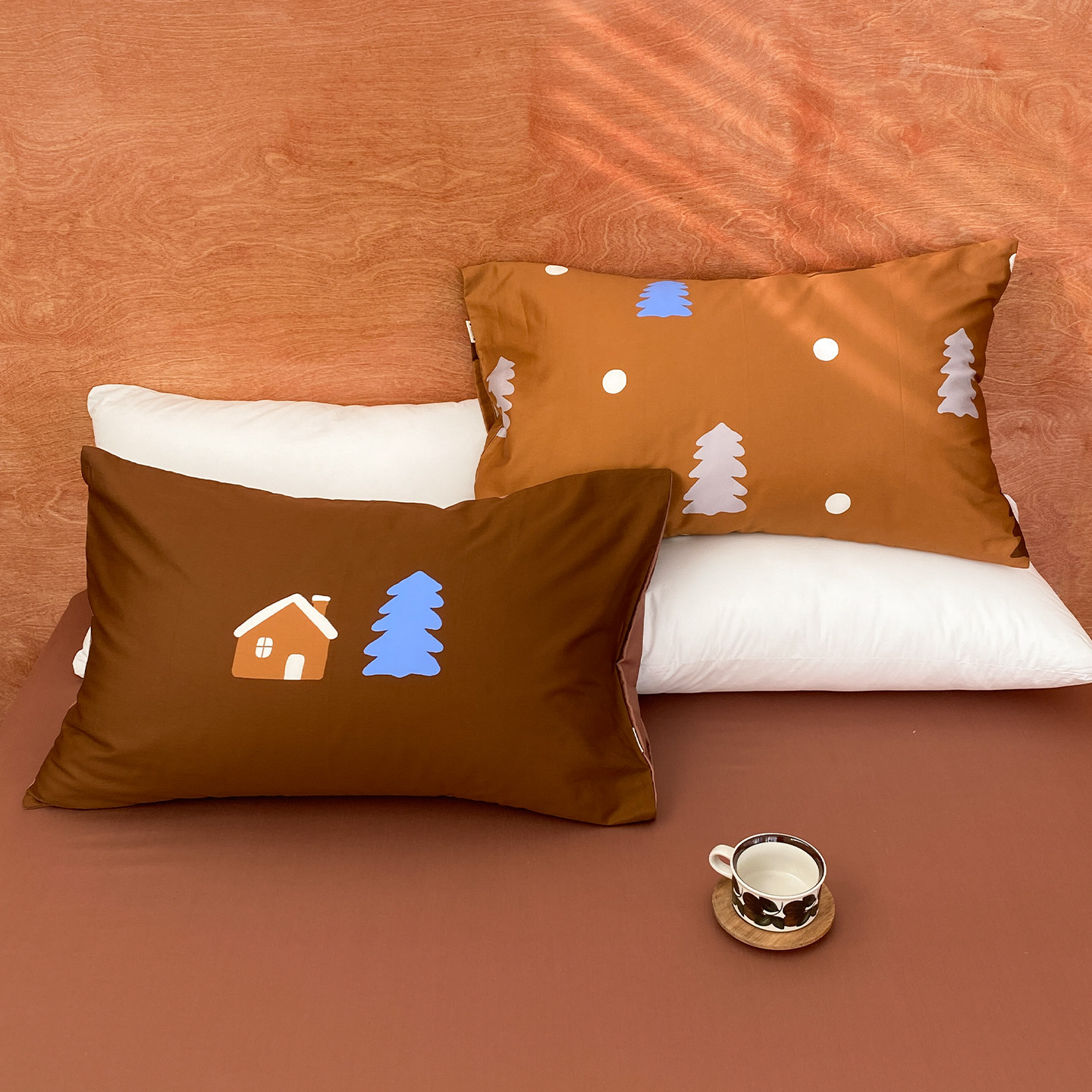 小雪松林 原创治愈感60支全棉枕套被芯罩长绒棉贡缎焦糖棕单只装