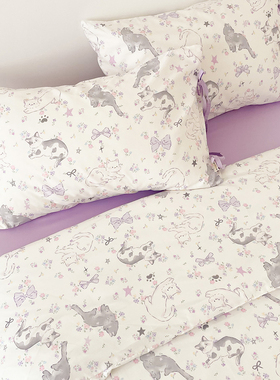 与小猫相遇 原创甜心小猫插画100全棉四件套床单床笠被套治愈紫色