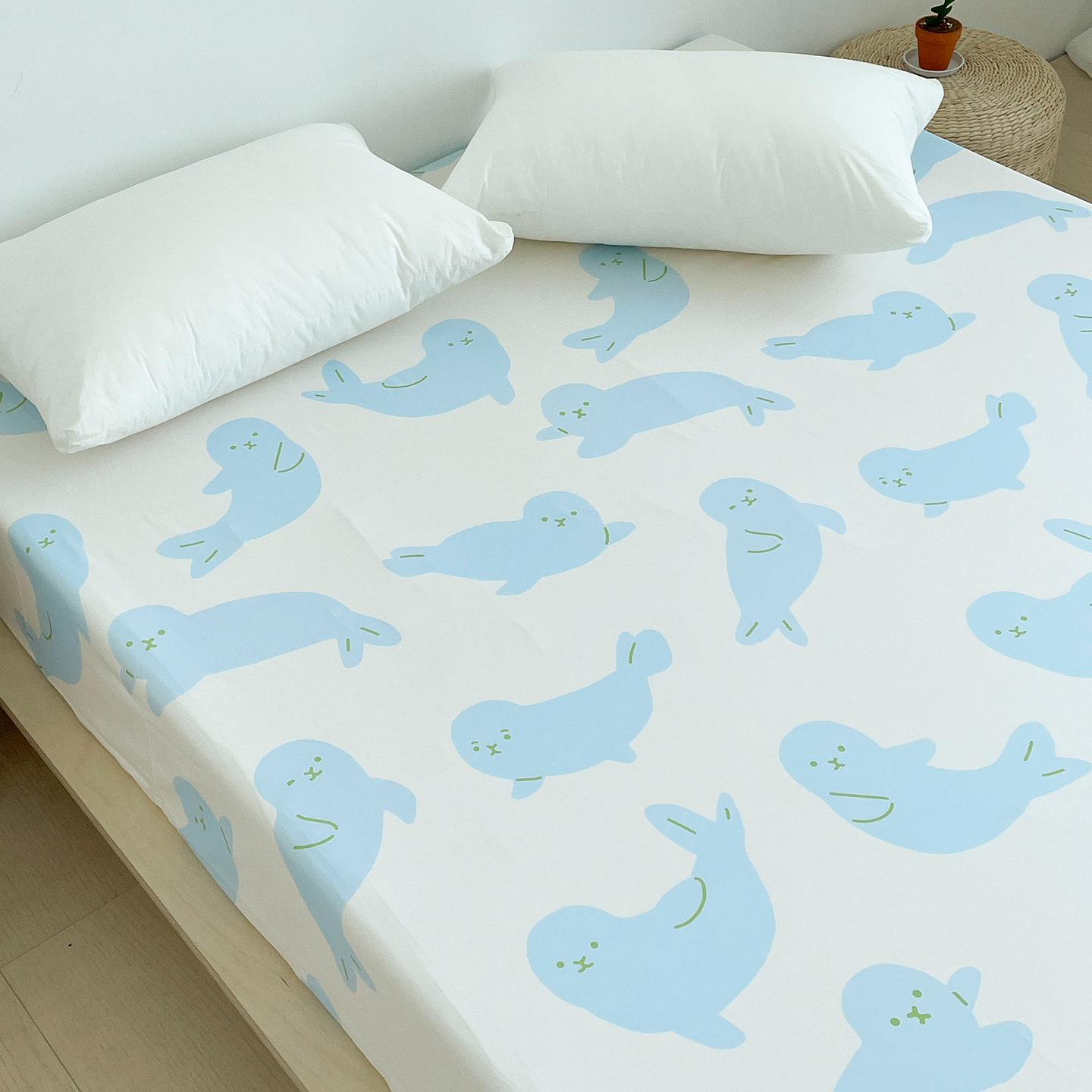 海豹噜噜 清新水蓝色圆圆小海豹全棉床单床笠ins可爱卡通亲肤床品