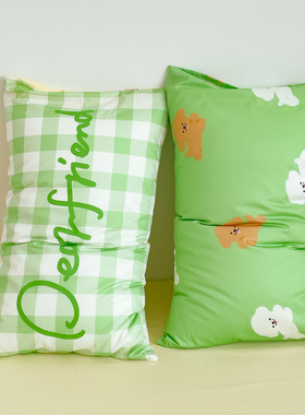 DearFriend 趣味原创开心小狗绿色格子全棉枕套100纯棉可爱枕芯罩