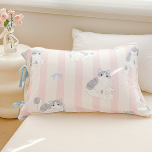 甜甜起司猫 可爱原创条纹猫咪插画全棉双层纱枕套枕罩单人